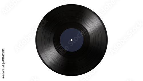 Obraz na płótnie Black vinyl record with dark blue label, isolated on transparent background
