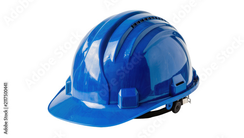 Photography Shiny blue hard hat with ventilation slots, isolated on transparent background