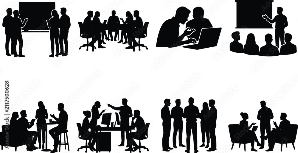 Obraz premium Business People Meeting and Corporate Teamwork Vector Silhouettes Set Including Office Presentation Conference Workstation