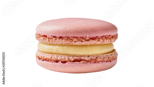 Pink French macaron with creamy yellow filling, isolated on transparent background
