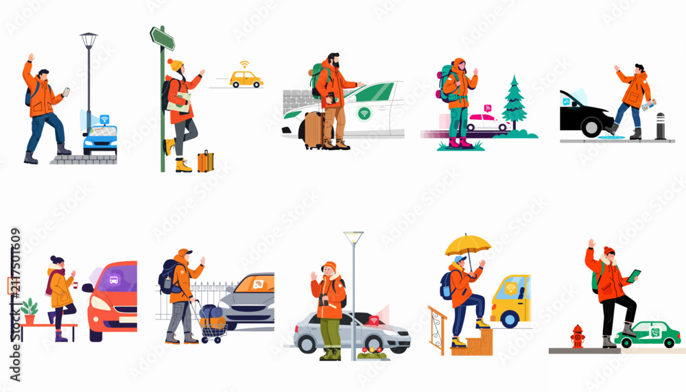 Fototapeta premium Flat illustration set of people using smart car-sharing and ride-hailing services for travel and commuting in urban and rural settings.