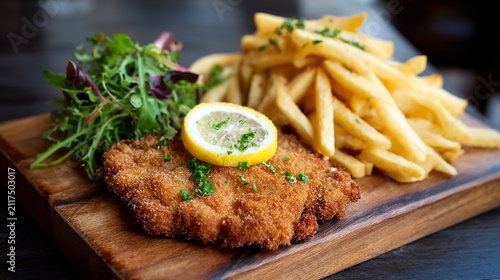 Delicious breaded and fried cutlet with crispy fries and fresh greens