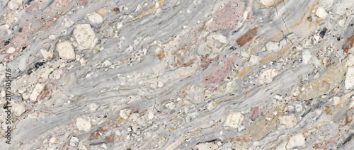 Fotografie Granite gneiss texture featuring a swirling pattern of light silver-grey mineral