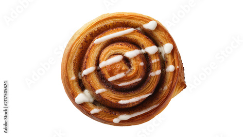 Принти на полотні Golden brown cinnamon roll pastry with white icing drizzle, isolated on transpar