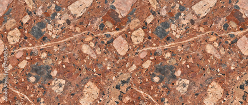 Photography Breccia conglomerate stone texture featuring a dense, multi-colored assembly of