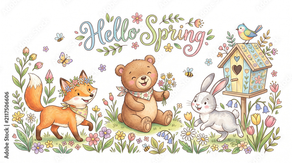 Naklejka premium Woodland animals in flower field with Hello Spring text.