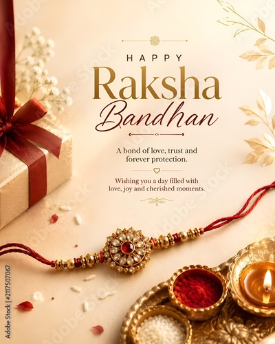 Happy raksha bandhan greeting card with traditional bracelet and gift box festival greeting tradition celebration bracelet jewellery religious