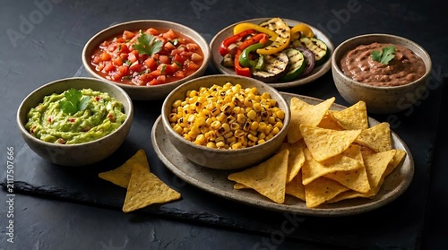 A delicious spread of traditional comida mexicana featuring fresh guacamole, salsa, grilled vegetables, seasoned corn, refried beans, and crunchy tortilla chips.