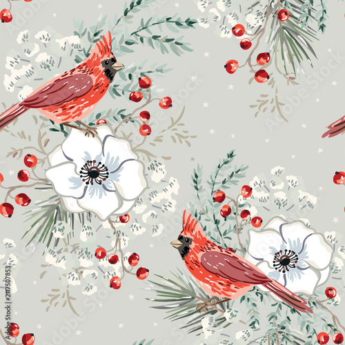 Christmas seamless pattern, cardinal birds, pine twigs, red berries, flowers, snow, gray background. Vector illustration. Nature design. Season greeting. Winter holidays