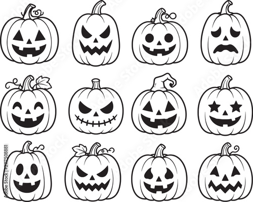 Halloween Pumpkin Line Art Vector Set