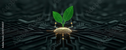 Entrepreneurship startup, A digital green plant sprouts from a glowing circuit board, symbolizing the fusion of technology and nature.