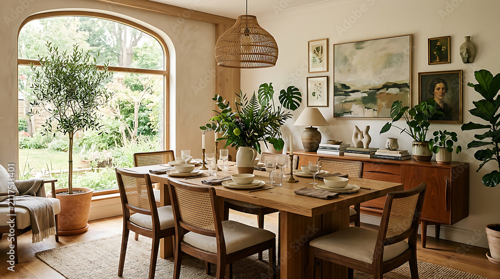 Fototapeta premium Modern rustic dining room with wooden table and chairs.