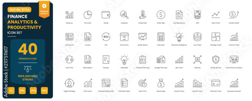 finance analytics and productivity icon line style business investment editable stroke vector set