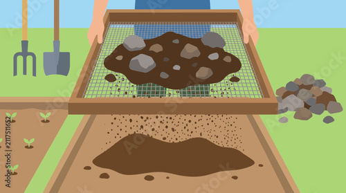 фотографія Soil Sieve Removing Stones Before Seed Bed Preparation