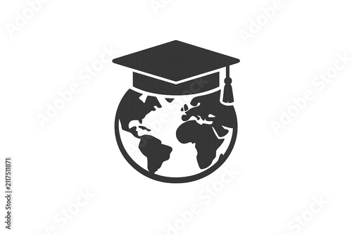 A black and white graphic of a graduation cap with the world map at its base, symbolizing education and global understanding.