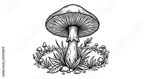 Foto Black and white tattoo style illustration of a large mushroom with detailed gills, featuring a fairy ring of smaller fungi, grass, and forest floor botanical elements on white