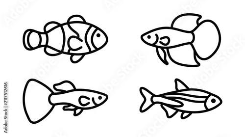 Set of Four Cartoon Aquarium Fish Icons: Clownfish, Betta, Guppy, Tetra Outline Drawings