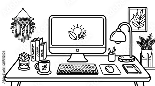 Cozy Home Office Desk with Computer, Plants and Macrame Decor - Line Art