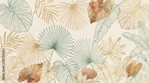Elegant luxury art backdrop showcasing exotic botanical plant leaves in sophisticated light and warm brown earthy tones, artistic minimalist wall decor with tropical organic foliage.