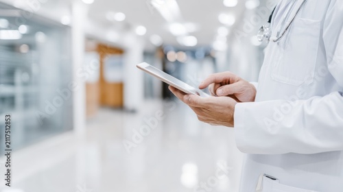 Doctor using digital tablet in hospital corridor for efficient healthcare solutions