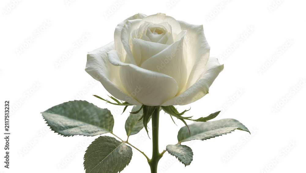 Fototapeta premium Delicate white rose with green leaves, isolated on transparent background