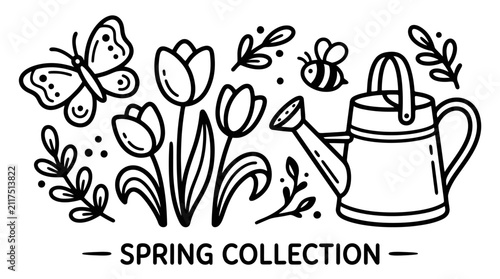 Spring Garden Doodle Collection: Tulips, Bee, Butterfly, Watering Can & Leaves