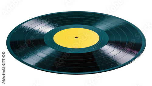 Принти на полотні Dark teal vinyl record with yellow label, isolated on transparent background