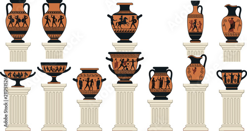 Large Collection of Ancient Greek Black Figure Pottery and Vases Displayed on Classic Marble Columns Featuring Mythological Warriors Philosophers and Historical Battle Vector Illustrations