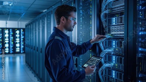 IT professional maintaining server infrastructure in digital data center