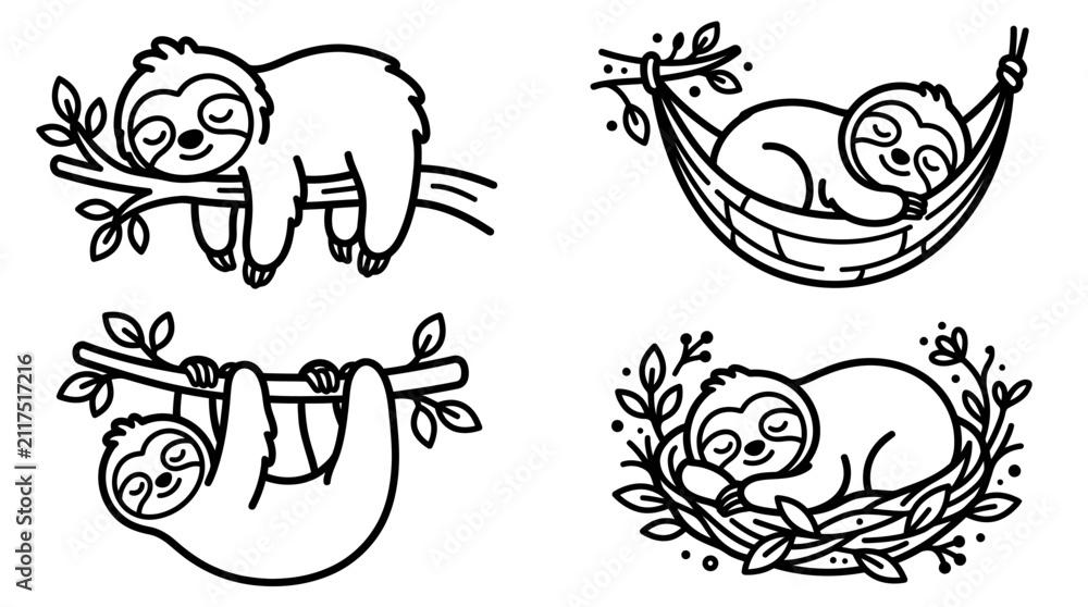 Naklejka premium Cute Sloth Illustrations: Sleeping on Branch, Hammock, Hanging, Nest