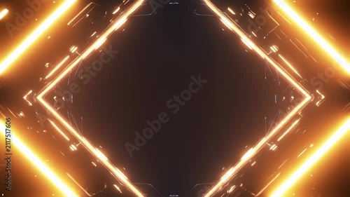 Neon glowing diamond frame golden light beams futuristic dark geometric metallic sparks framing