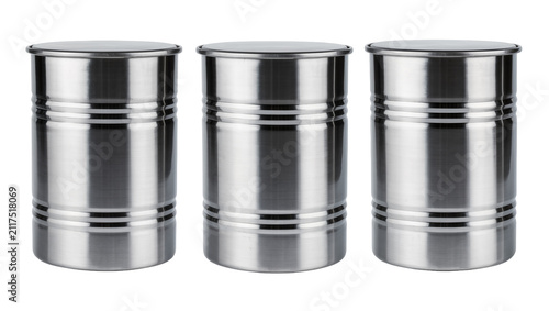 Bild auf Leinwand Three brushed stainless steel canisters with ribbed detailing, isolated on trans