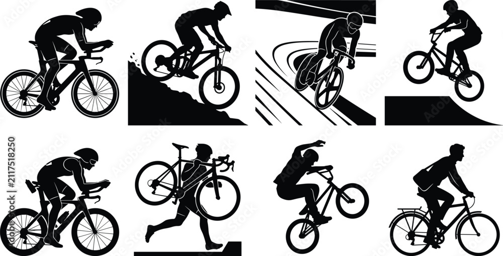 Fototapeta premium Cycling Sports Silhouettes Vector Set Featuring Road Racing Mountain Bike BMX and Urban Commuter