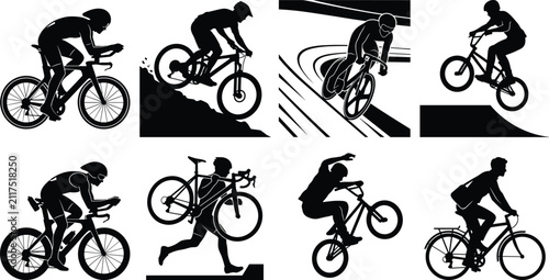 Quadro su tela Cycling Sports Silhouettes Vector Set Featuring Road Racing Mountain Bike BMX an