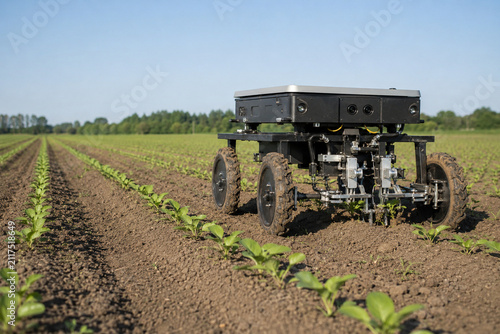 Agricultural Robot in a Field: A modern agricultural robot is navigating a field of young crops under a clear blue sky, showcasing advancements in farming technology and automation.