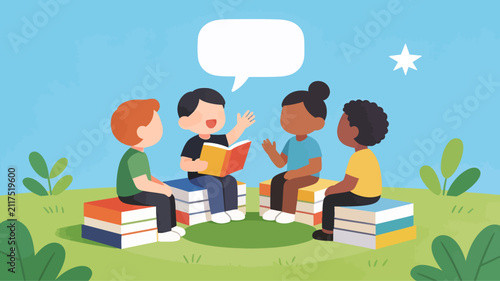 Children sitting in a circle on book stacks reading and talking together in nature vector illustration