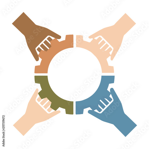 Four diverse hands connecting interlocking gear segments in a circle symbolizing synergy and collaborative partnership business teamwork concept