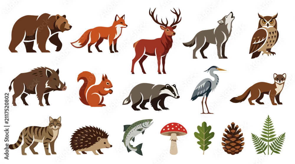 Obraz premium European Forest Wildlife Animals, Birds, Fish, Plants Nature Elements Flat Vector Illustration Set