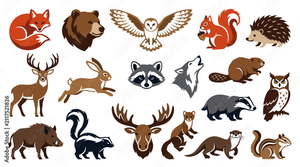 Obraz premium Forest Wildlife Animals Collection: Modern Flat Illustration Set of Mammals and Birds Icons