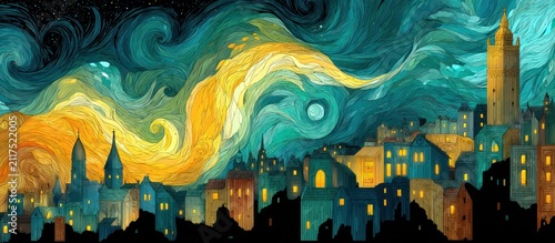 Swirling Night Sky Cityscape Painting.