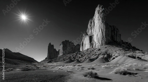 Desert landscape with rock formation.