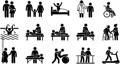 Foto Set of medical rehabilitation and physical therapy icon set.