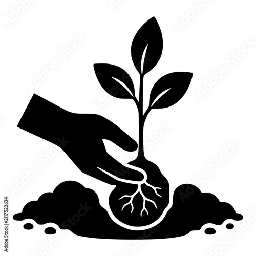 Foto Hand Planting a Young Seedling with Roots in Soil, Black Vector Silhouette for E