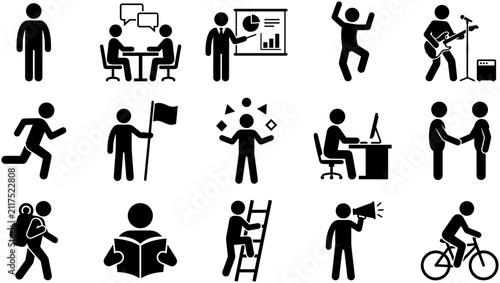 Set of black human figure icons depicting various daily life activities and actions.