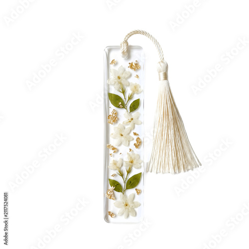 Clear Resin Bookmark with Embedded transparent Jasmine and Gold Foil, Translucent Tassled Craft Element, Isolated on transparent