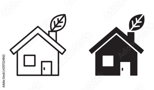 Eco-friendly home icon with green leaf. Concept of sustainable living, environmentally friendly house, renewable energy, green building, eco housing and nature conservation.
