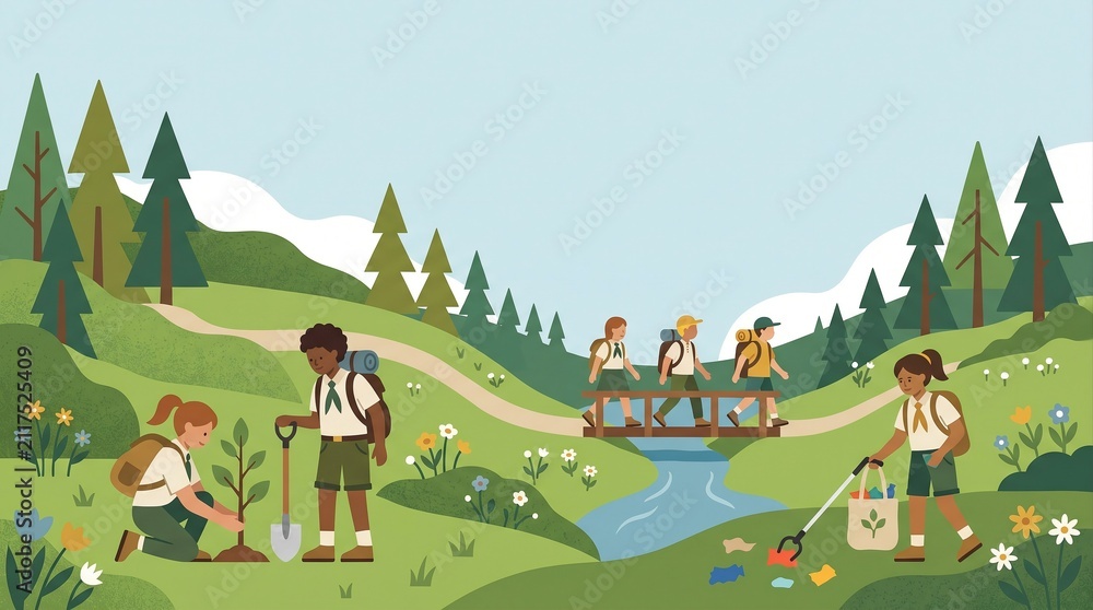 Fototapeta premium Boy and girl scouts planting trees and picking up trash in forest nature vector illustration