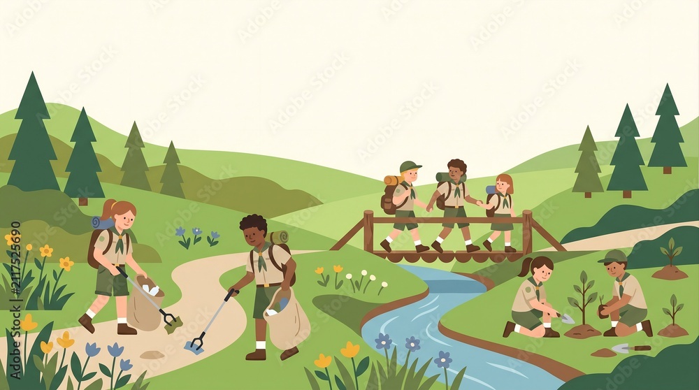 Naklejka premium Group of young scouts cleaning up trash and planting trees in nature vector illustration