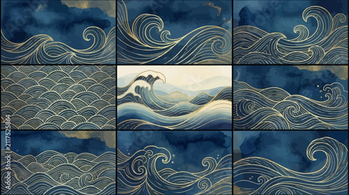 Elegant Luxury Abstract Blue Background Featuring Intricate Golden Hand Drawn Line Art Patterns With Ornate Metallic Foil Decorative Texture And Sophisticated Artistic Minimalist Design