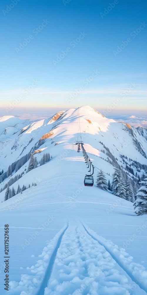 Obraz premium Snowy mountainside with ski lift tracks leading to summit, ||mountain, side